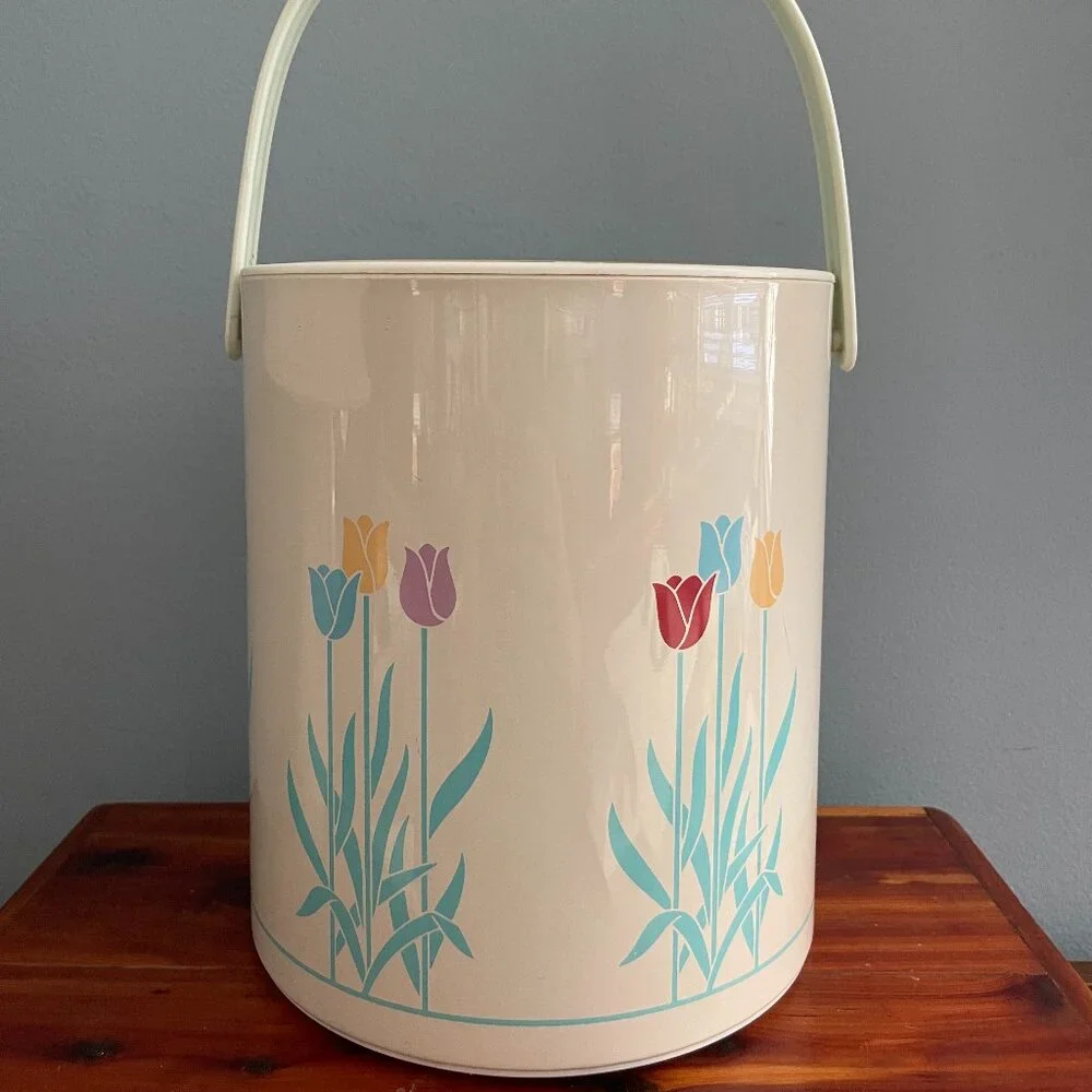 Vintage Ice Bucket Floral Tulips Pastel Tongs Tray Bar Accessory